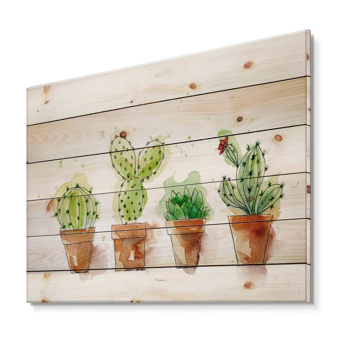Designart - Cacti In Ceramic Pots In Gentle Tones I - Botanical Print on Natural Pine Wood